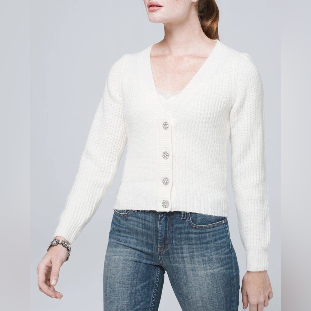 WHBM CROP white cardigan with rhinestone buttons and puff sleeve - Picture 13 of 13